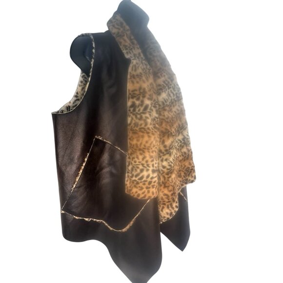 Dolce Cabo Women's faux brown leather/faux fur‎ leopard drape vest L - Picture 7 of 10